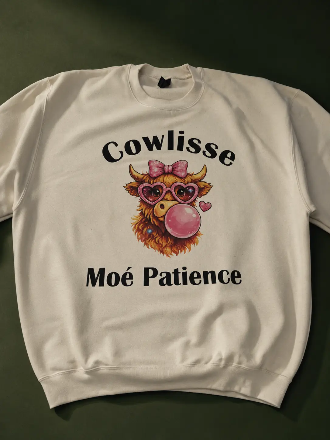 Chandail crème imprimé d’une vache avec un message humoristique