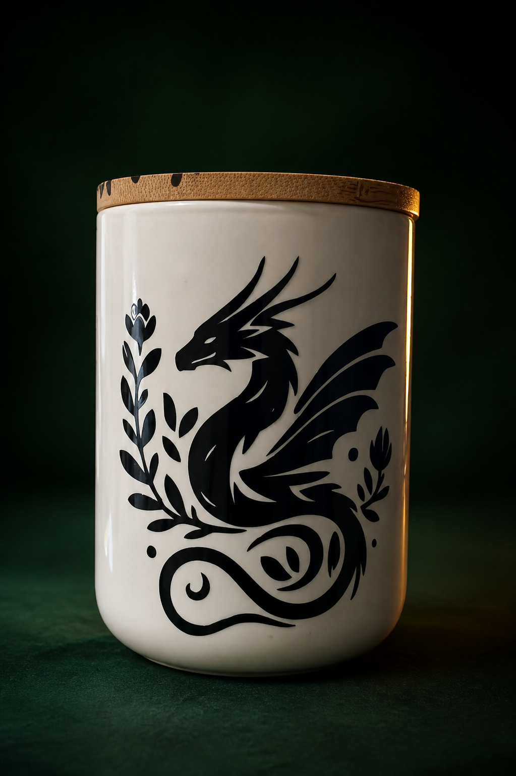 Verre blanc avec motif de dragon noir sur fond studio vert forêt